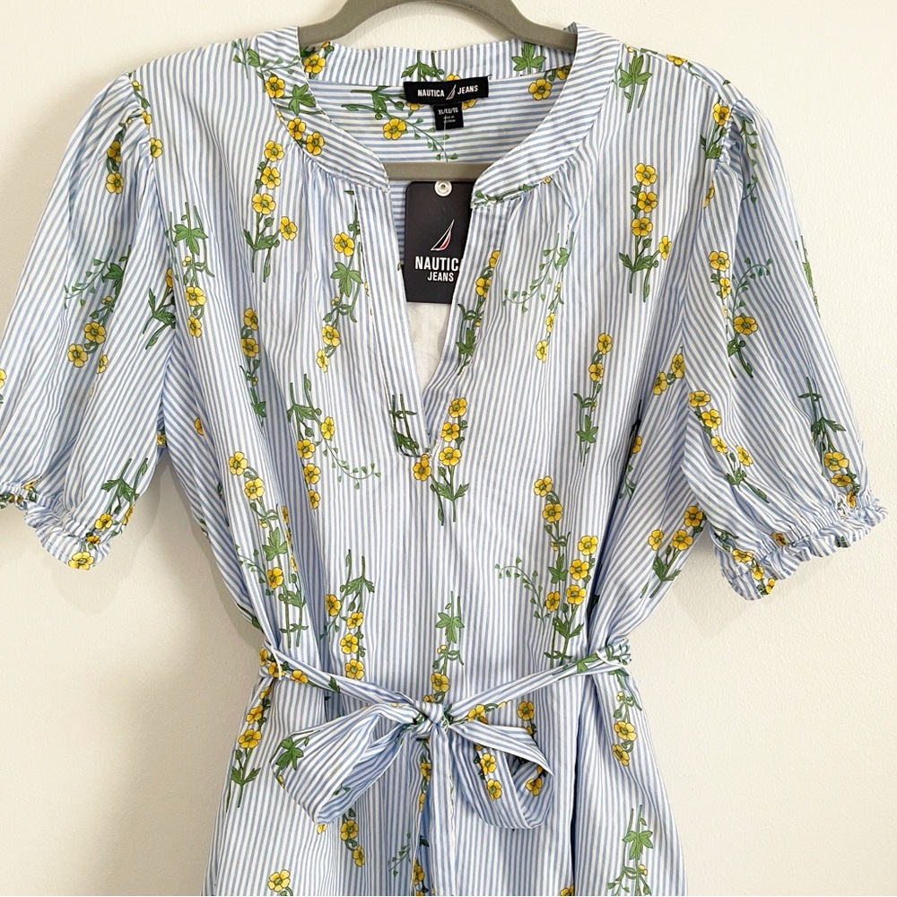 NWT Nautica 100% Cotton Floral-Stripe Print Tie-Waist Dress - Picture 4 of 6